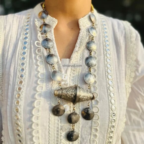 Silver Vintage Necklace with Dangling Pendant, Kuchi Handmade Necklace - Picture 2 of 6